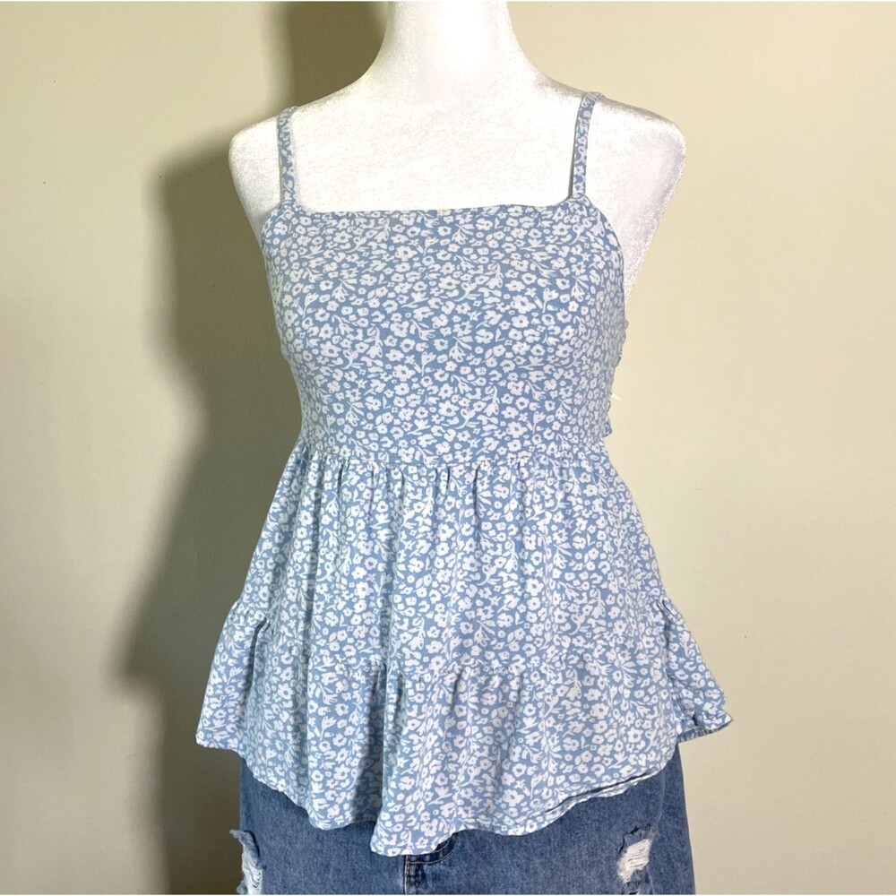 American Eagle Blue & White Floral Tie Back Spaghetti Strap Blouse Top Medium
